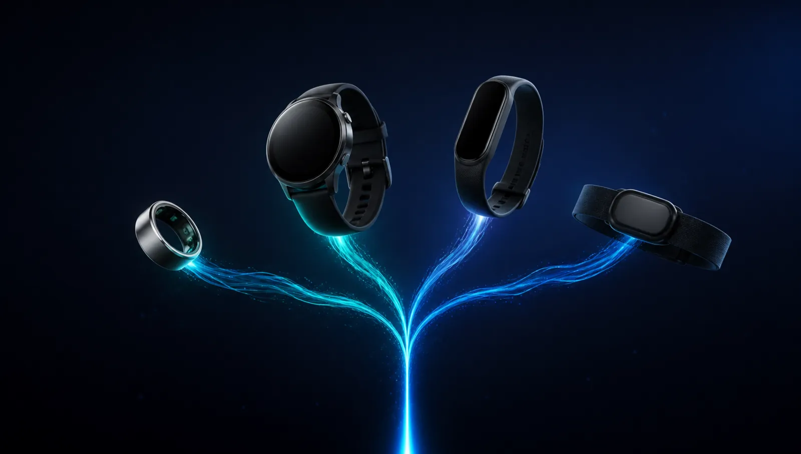 A smart ring, sports watch, fitness band and chest strap with data streams merging into one line