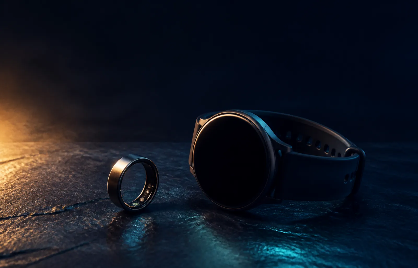 A smart ring and fitness watch resting on dark slate