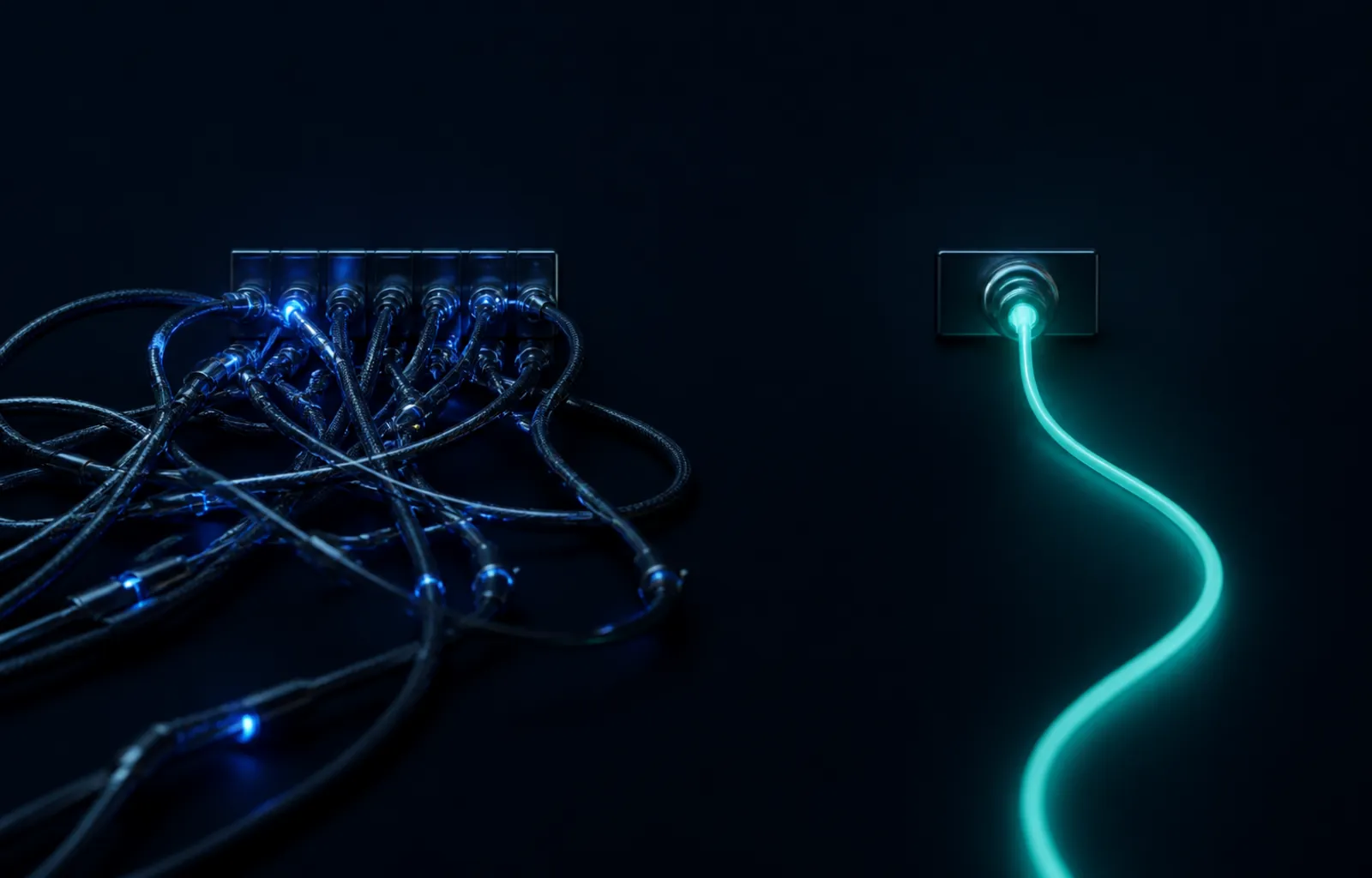 A tangle of cables beside a single clean glowing line