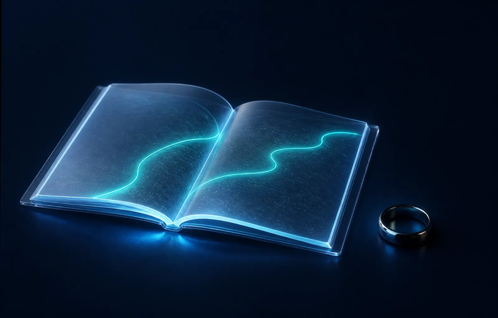 An open glass notebook with a glowing route line