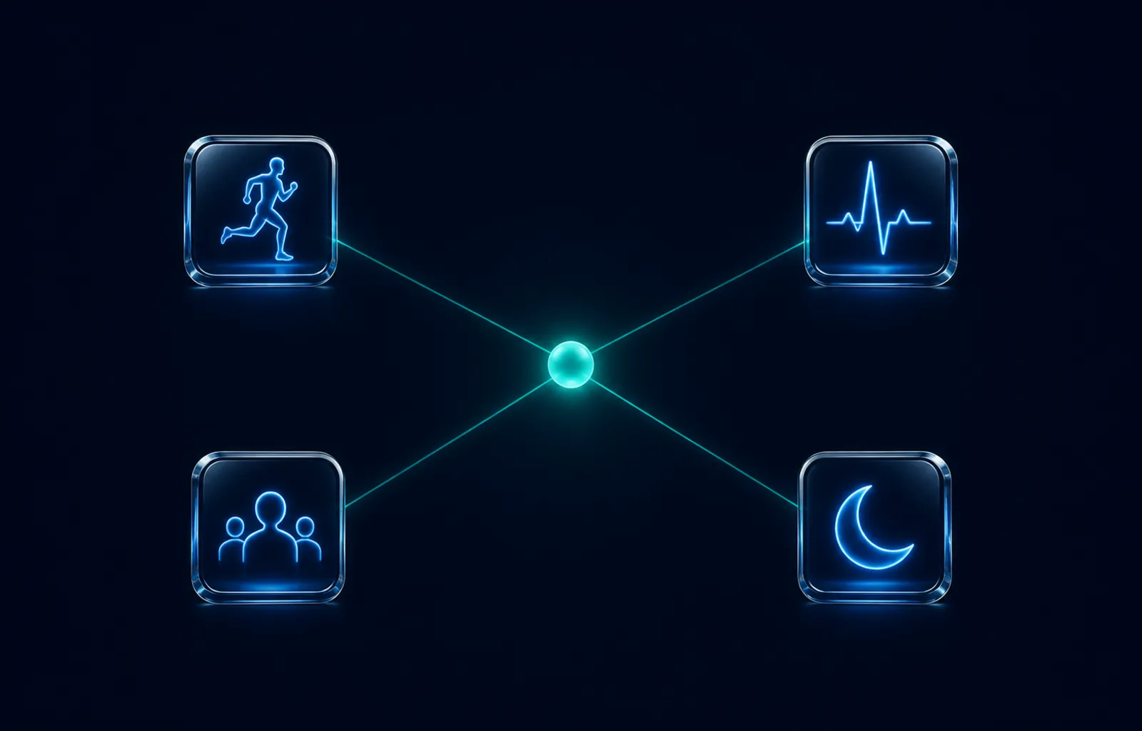 Four glass tiles with small scenes connected to a central node
